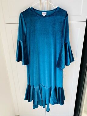 Lularoe Maurine medium Teal Velvet Ruffle Dress with Bell Sleeves new with tag